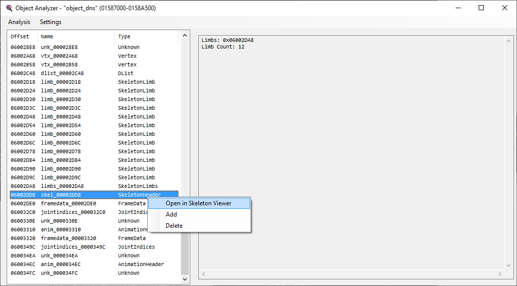 Finding object_dns's SkeletonHeader in Z64Utils